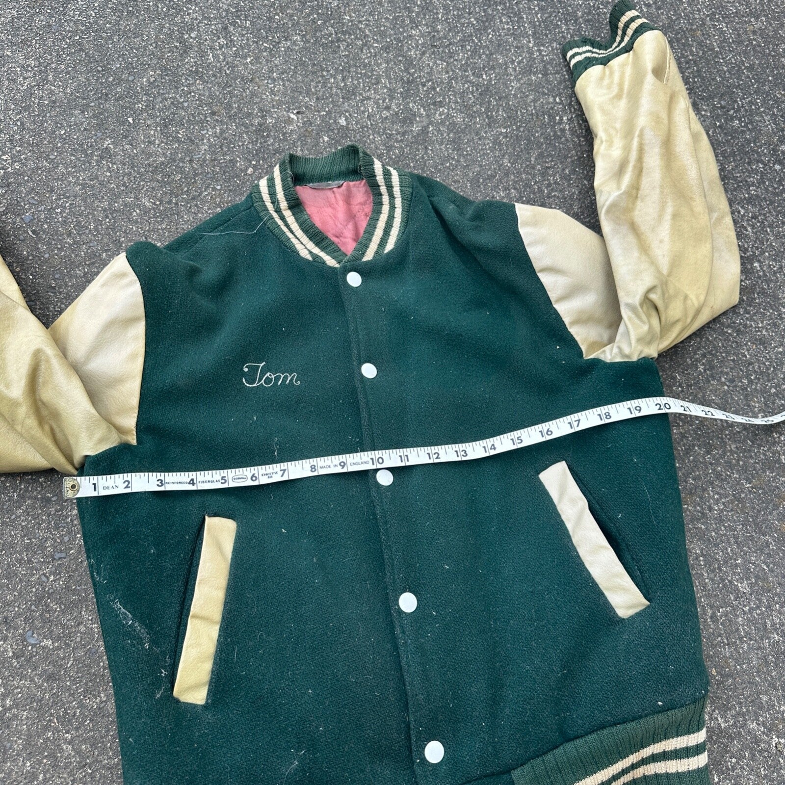 Vintage Letterman Jacket Green White Leather Wool TOM Named Simple Basic 1960s