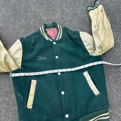 Vintage Letterman Jacket Green White Leather Wool TOM Named Simple Basic 1960s