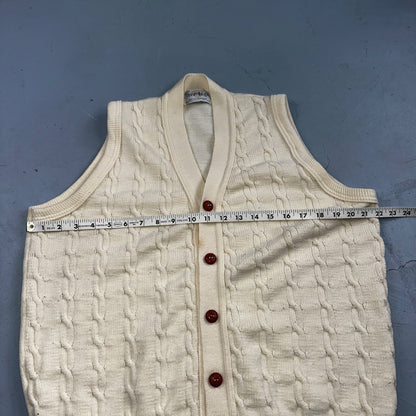 Vintage 70s Heritage Sweater Vest L Mens USA Crewneck Cream Cable Knit Fisherman