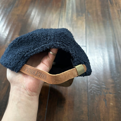 Pendleton Sport Hat Fleece Suede Flap Camp Navy USA Made Vtg 90s
