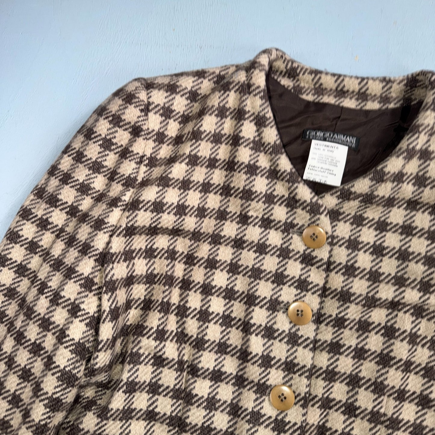 Giorgio Armani Jacket Women 42 VTG Brown Houndstooth V Neck Italy Cashmere Wool