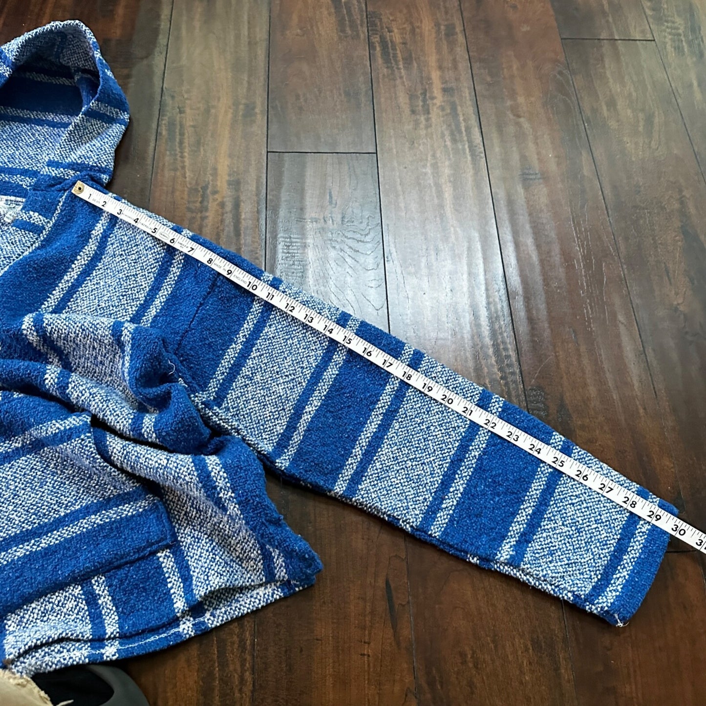 VTG Mexican Poncho Baja Hoodie Surfer Skater Drug Rug Pullover Blue White L