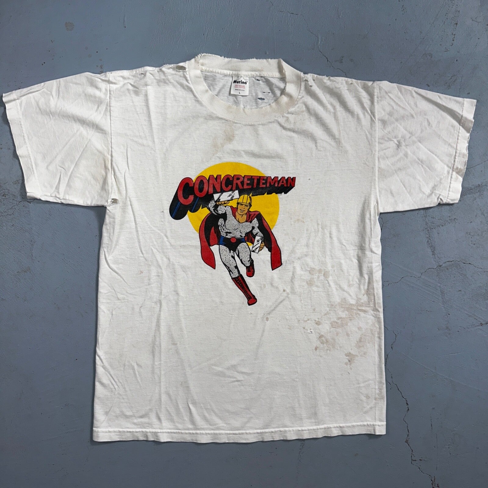 Superman Concrete Man Funny VTG T Shirt 90s USA Spin Off Marvel Construction Rap