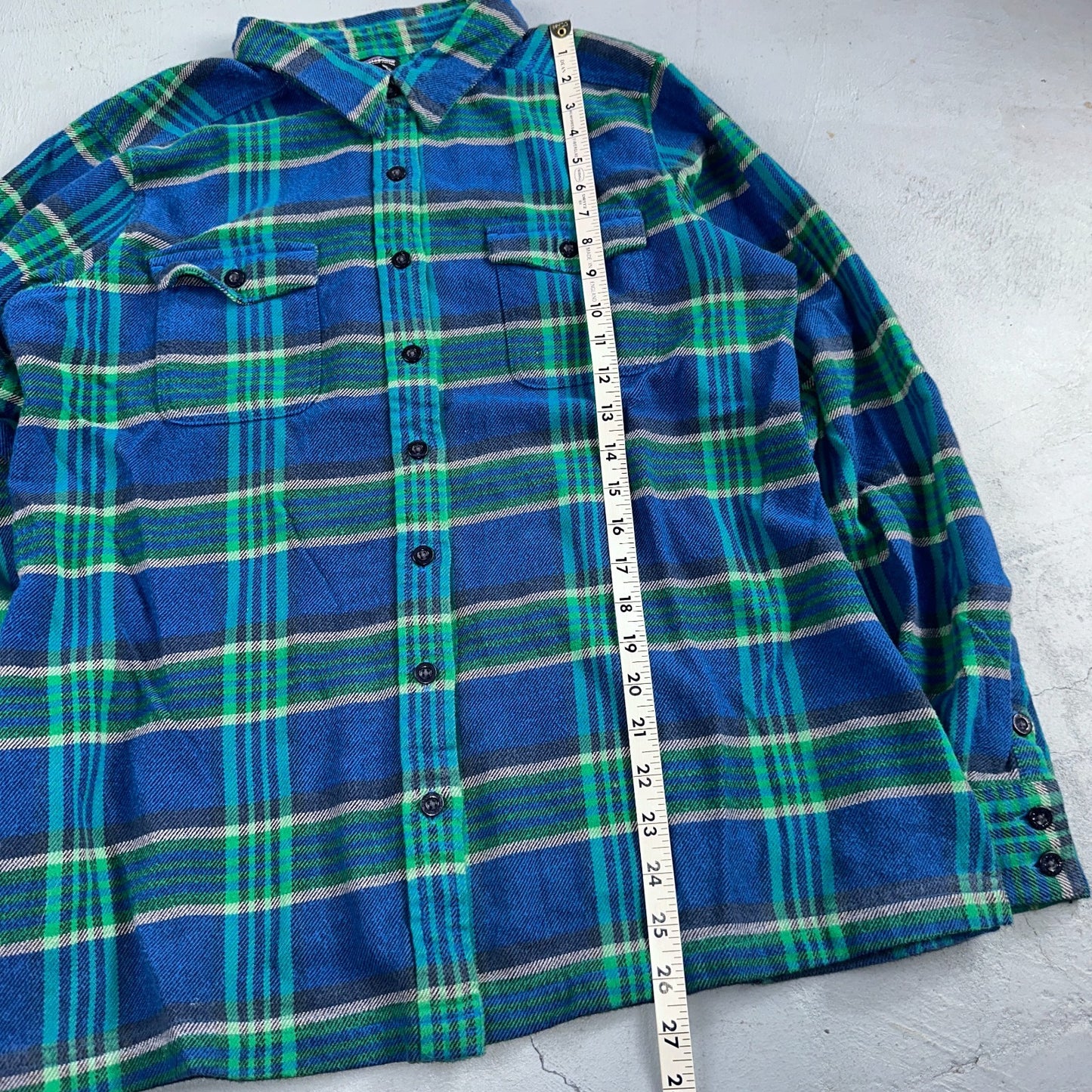 Patagonia Womens 14 Heavy Flannel Long Sleeve Shirt Button Up Blue Green Plaid