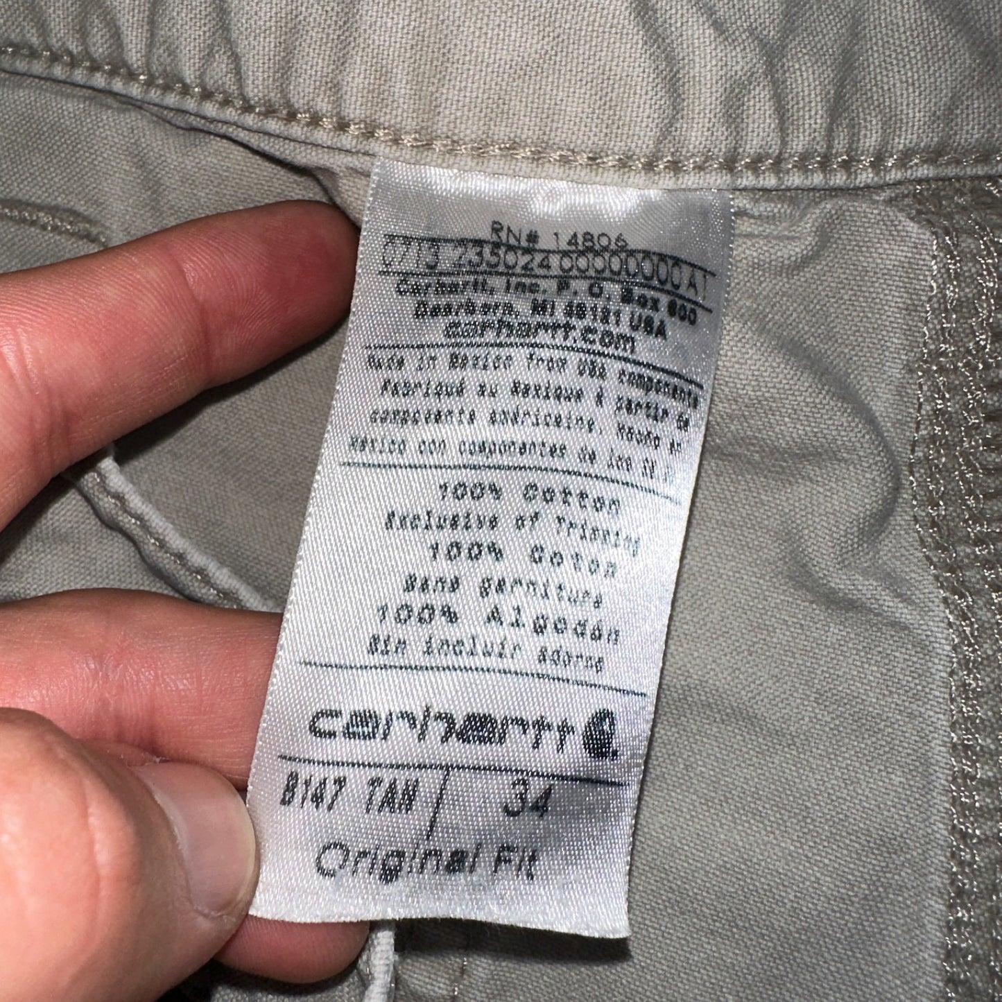 Carhartt B147 Shorts Mens 34 Tan Canvas Carpenter Cargo Work Worn Tan khaki