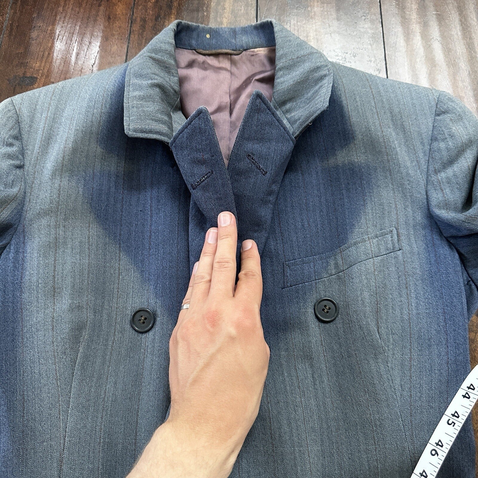 30s 40s 3 pc Pinstripe Blue Double Breasted Suit Belt Back Wool 34 26x31 Faded