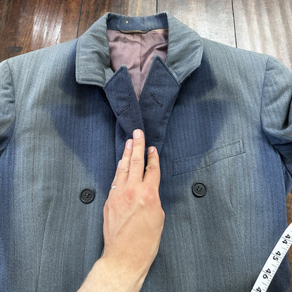 30s 40s 3 pc Pinstripe Blue Double Breasted Suit Belt Back Wool 34 26x31 Faded