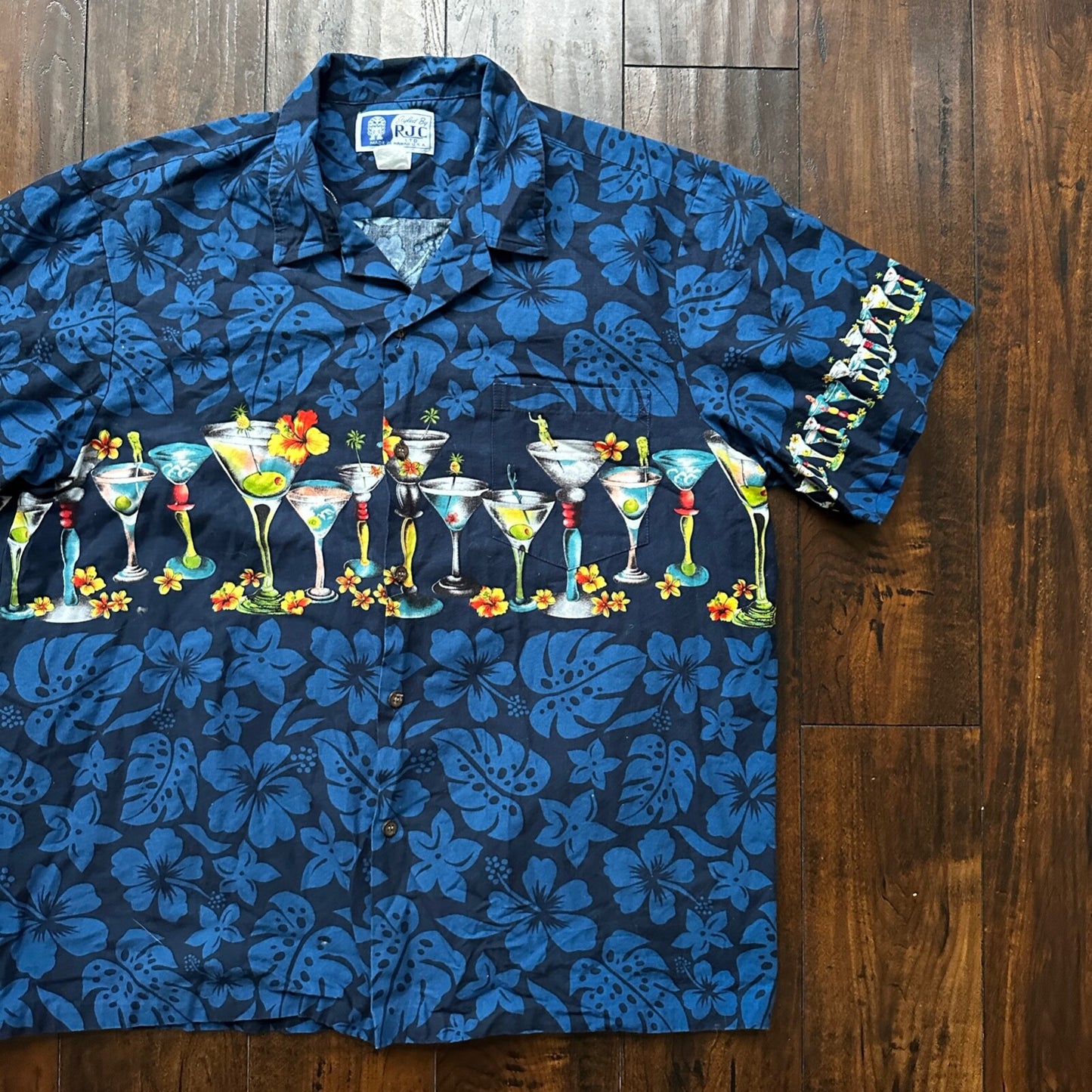 Vintage RJC Hawaiian Shirt XL Mens Drinks Short Sleeve Tropical USA Made Blue