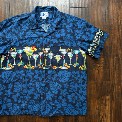 Vintage RJC Hawaiian Shirt XL Mens Drinks Short Sleeve Tropical USA Made Blue
