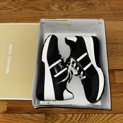 Size 7 Michael Kors Mabel Sneakers Coated MK Canvas Trainer Black MK Logo
