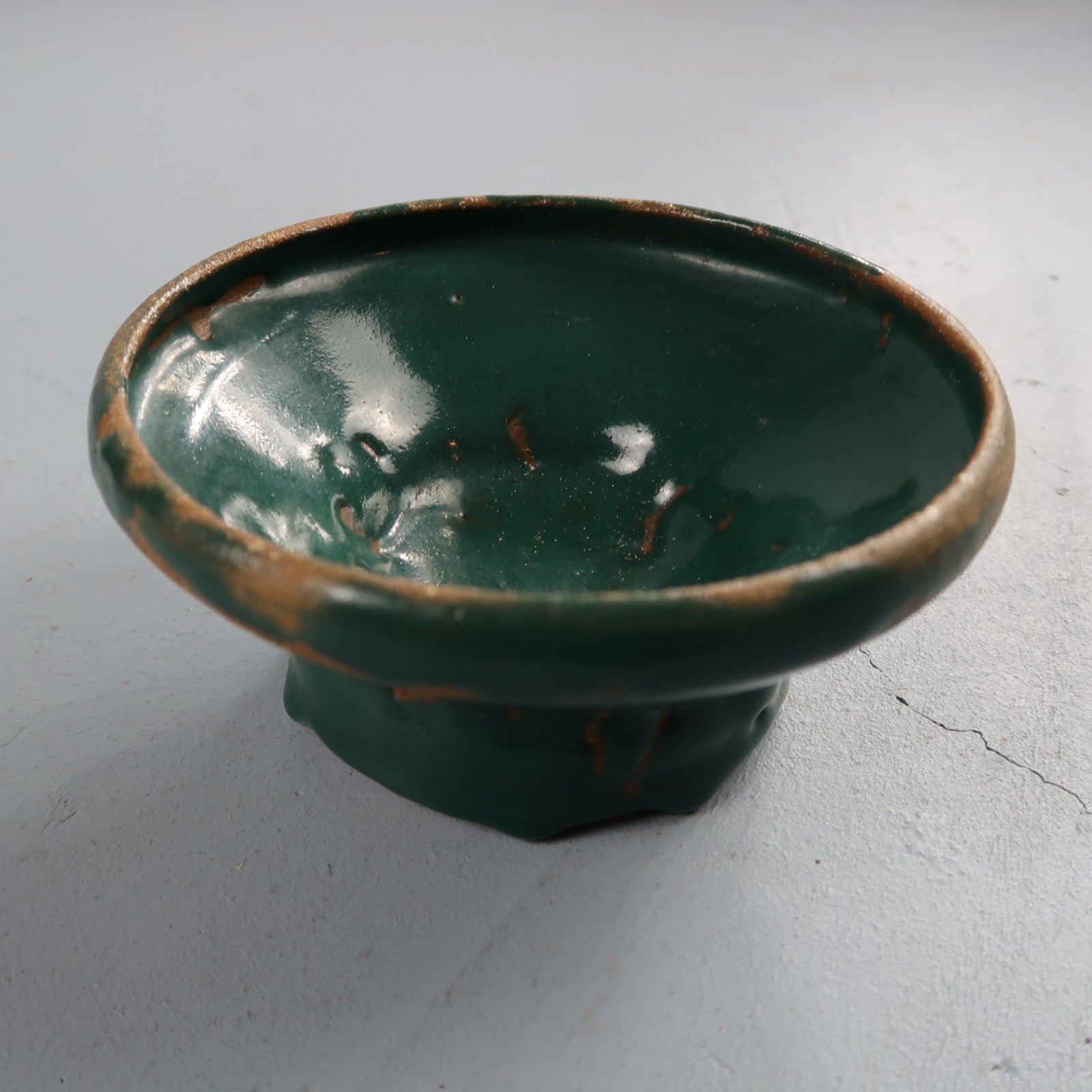Green Glazed Small Size Motif Bowl Cute Ceramic Green VTG 90s Handmade Art Folk