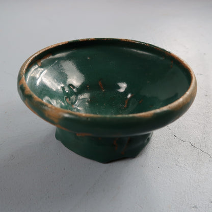 Green Glazed Small Size Motif Bowl Cute Ceramic Green VTG 90s Handmade Art Folk