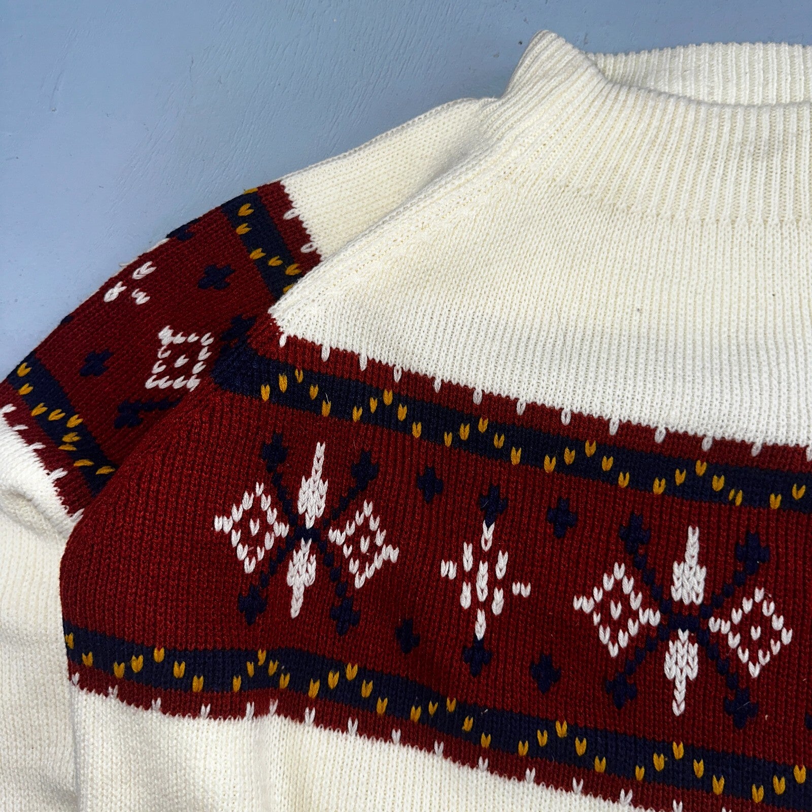 VTG 70s JC Penney Retro Mens Large Nordic Snowflake Ski Sweater White Holiday