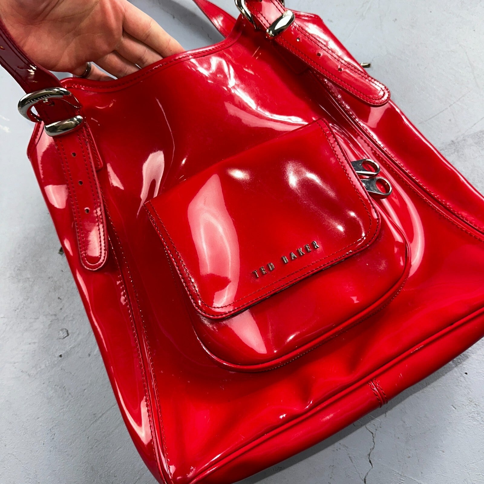 Ted Baker Red Patent Leather Quilted Large Stitch Tote Bag Purse Statement Y2K