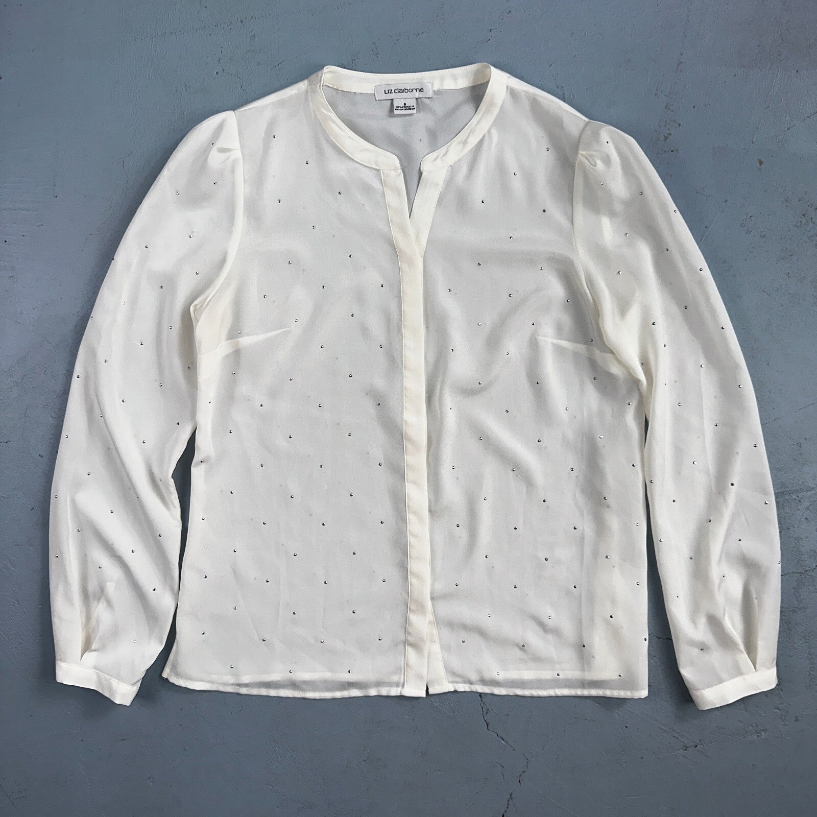 LIZ CLAIBORNE Womens Long Sleeve Button Front Blouse Shirt Studs Sz S Ivory
