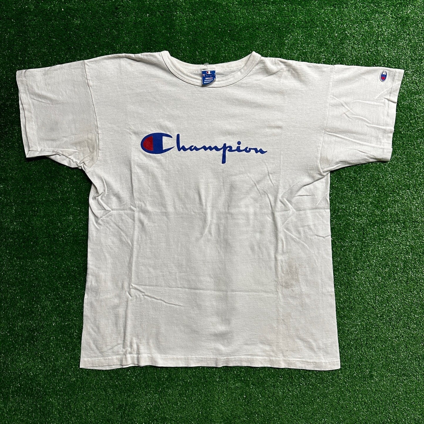 Champion USA White 80s Vintage T Shirt Basic Spellout Logo Gym Basic Graphic Lot