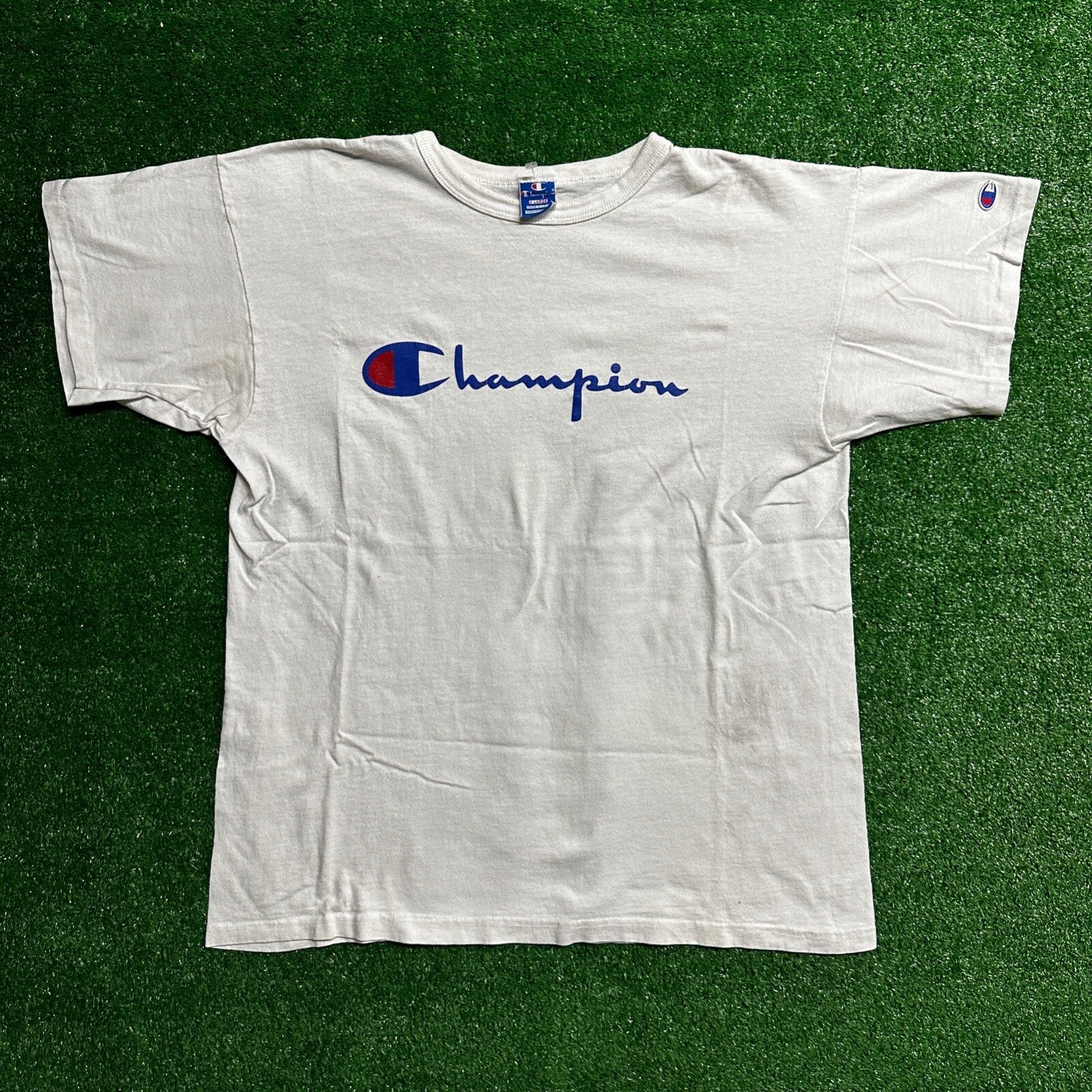 Champion USA White 80s Vintage T Shirt Basic Spellout Logo Gym Basic Graphic Lot