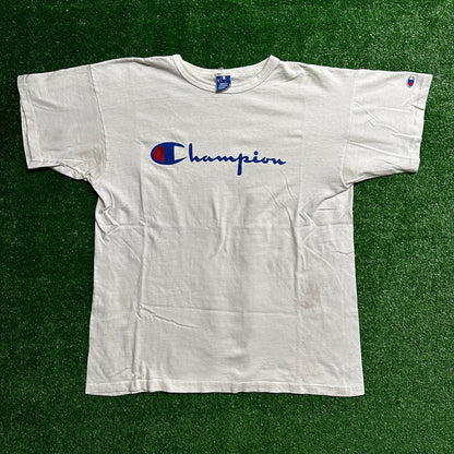 Champion USA White 80s Vintage T Shirt Basic Spellout Logo Gym Basic Graphic Lot