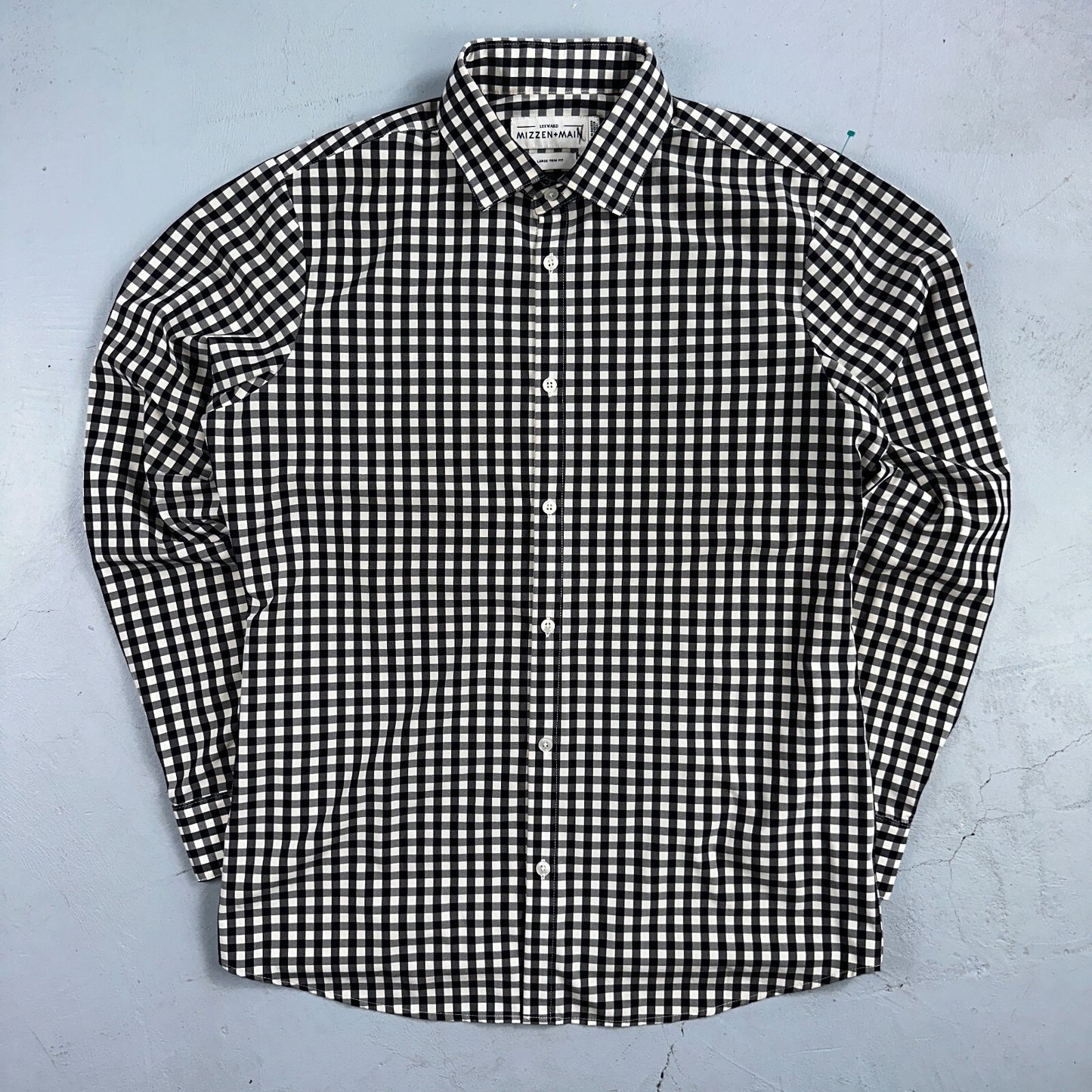 Mizzen Main Shirt Men L Black Button Performance Trim Fit Gingham Check USA