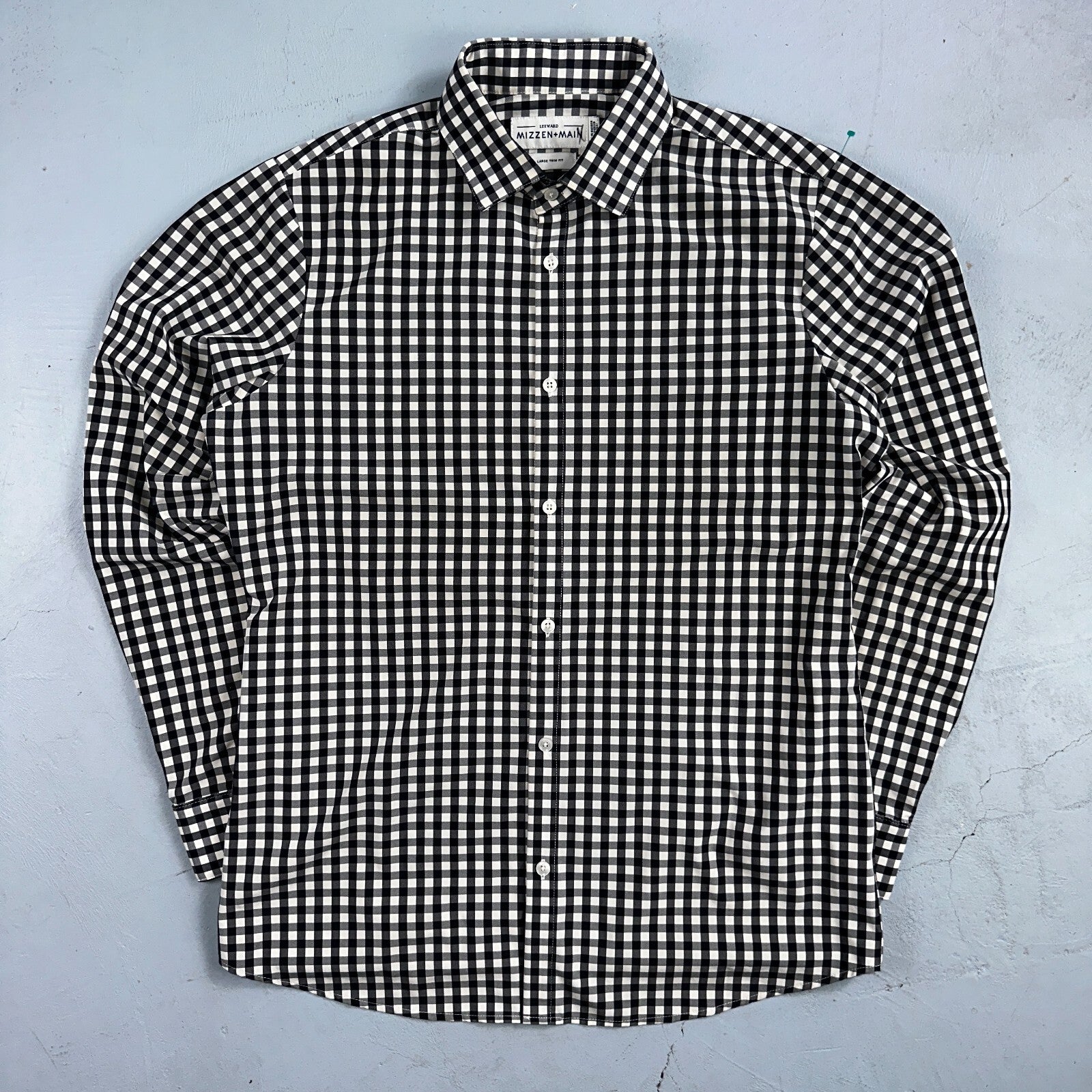 Mizzen Main Shirt Men L Black Button Performance Trim Fit Gingham Check USA