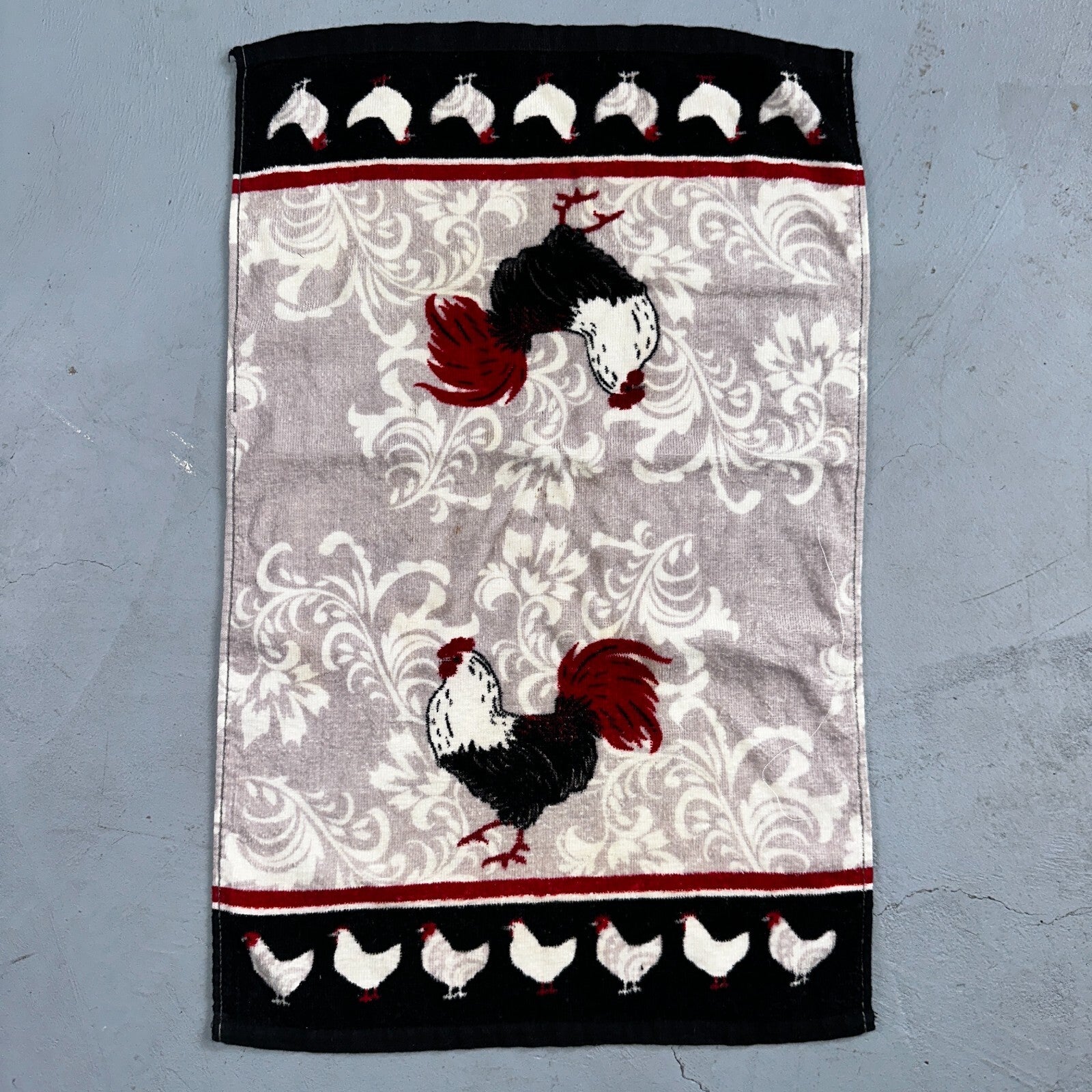 Kitchen Dish Towel Woven Design Rooster, Red Cotton Cute Chickens