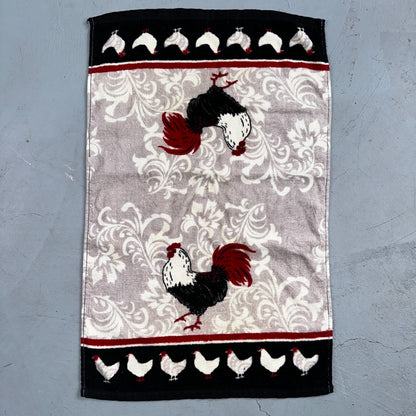 Kitchen Dish Towel Woven Design Rooster, Red Cotton Cute Chickens