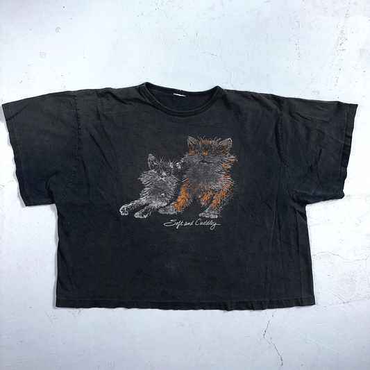Cats Soft and Cuddly 1970s Boxy VTG T Shirt 70s Perfect Black Fade Boxy Animals