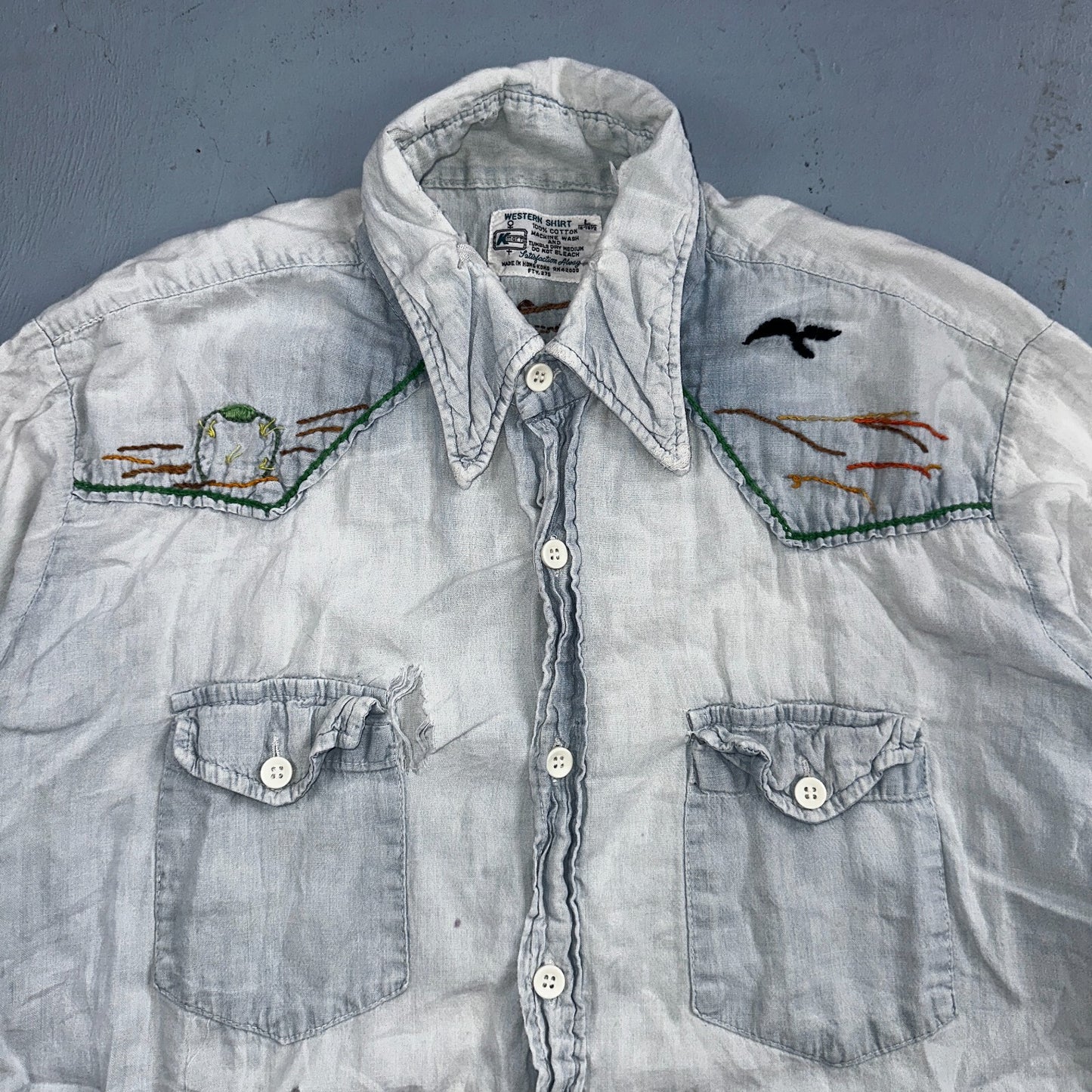 Vintage 70s Kmart Chambray Western Men’s Shirt Size L Embroidery Thrashed Rare