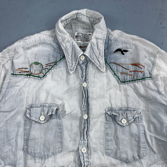 Vintage 70s Kmart Chambray Western Men’s Shirt Size L Embroidery Thrashed Rare