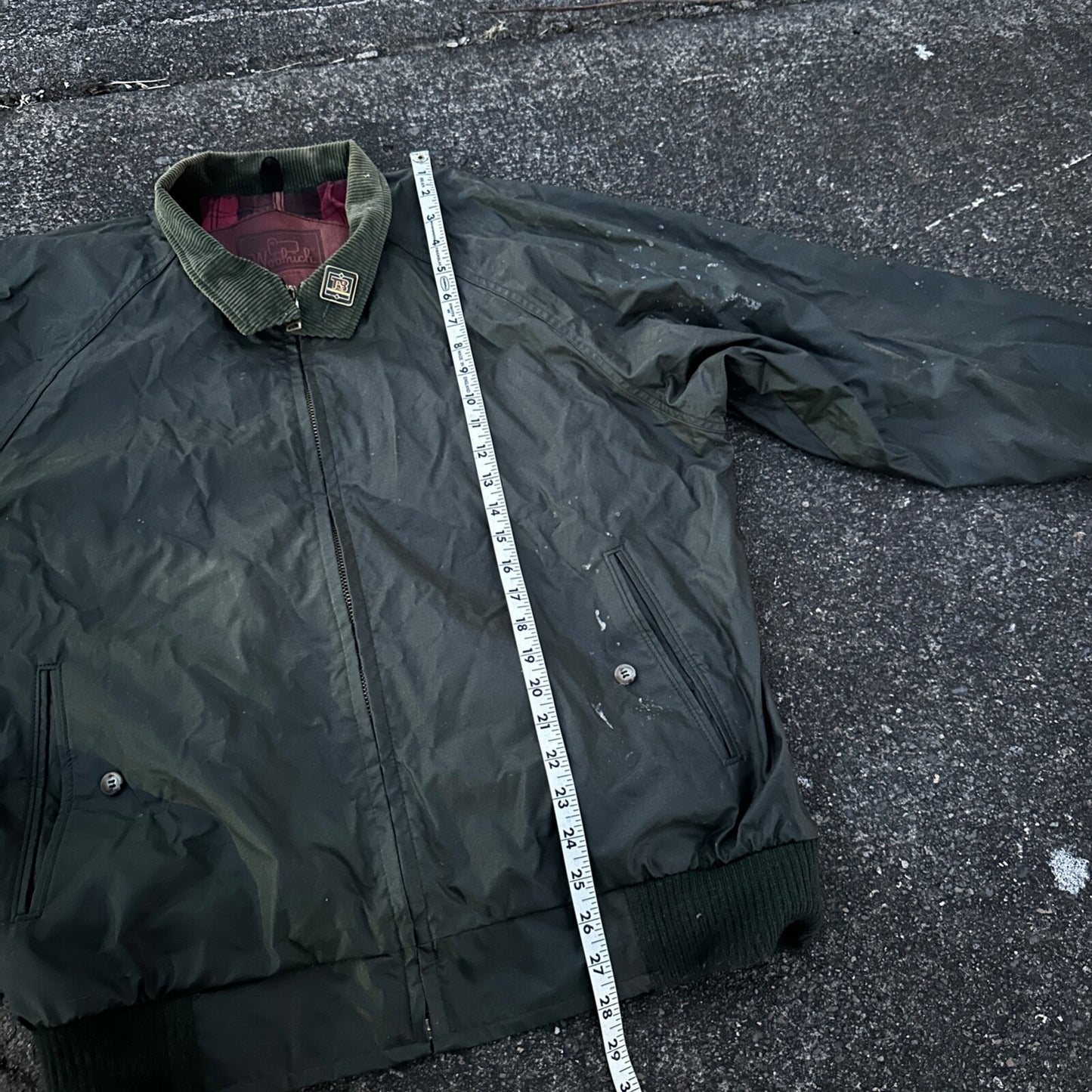 Vintage Woolrich Bomber Jacket Green USA Stained 90s Red Lining USED HEAVY