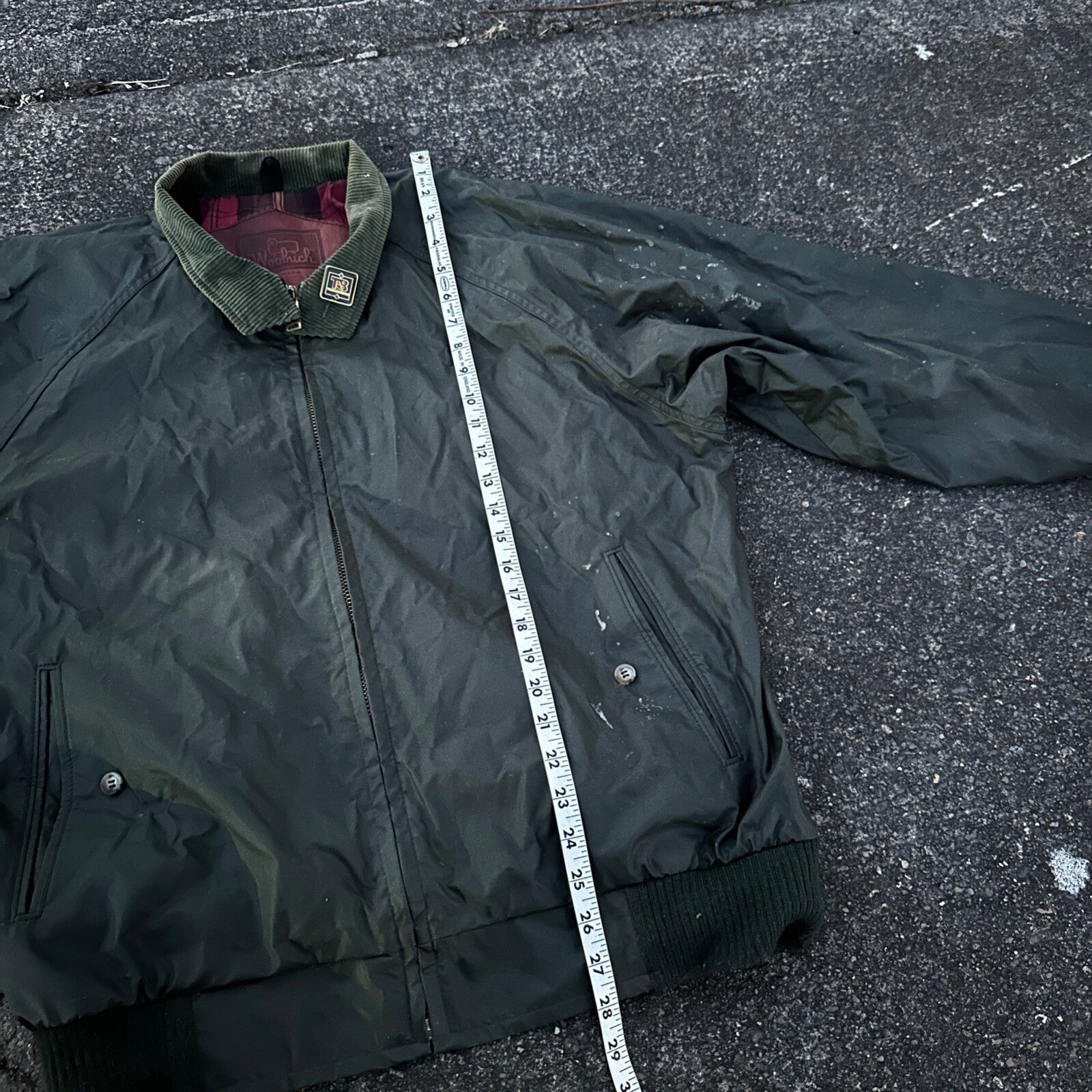 Vintage Woolrich Bomber Jacket Green USA Stained 90s Red Lining USED HEAVY