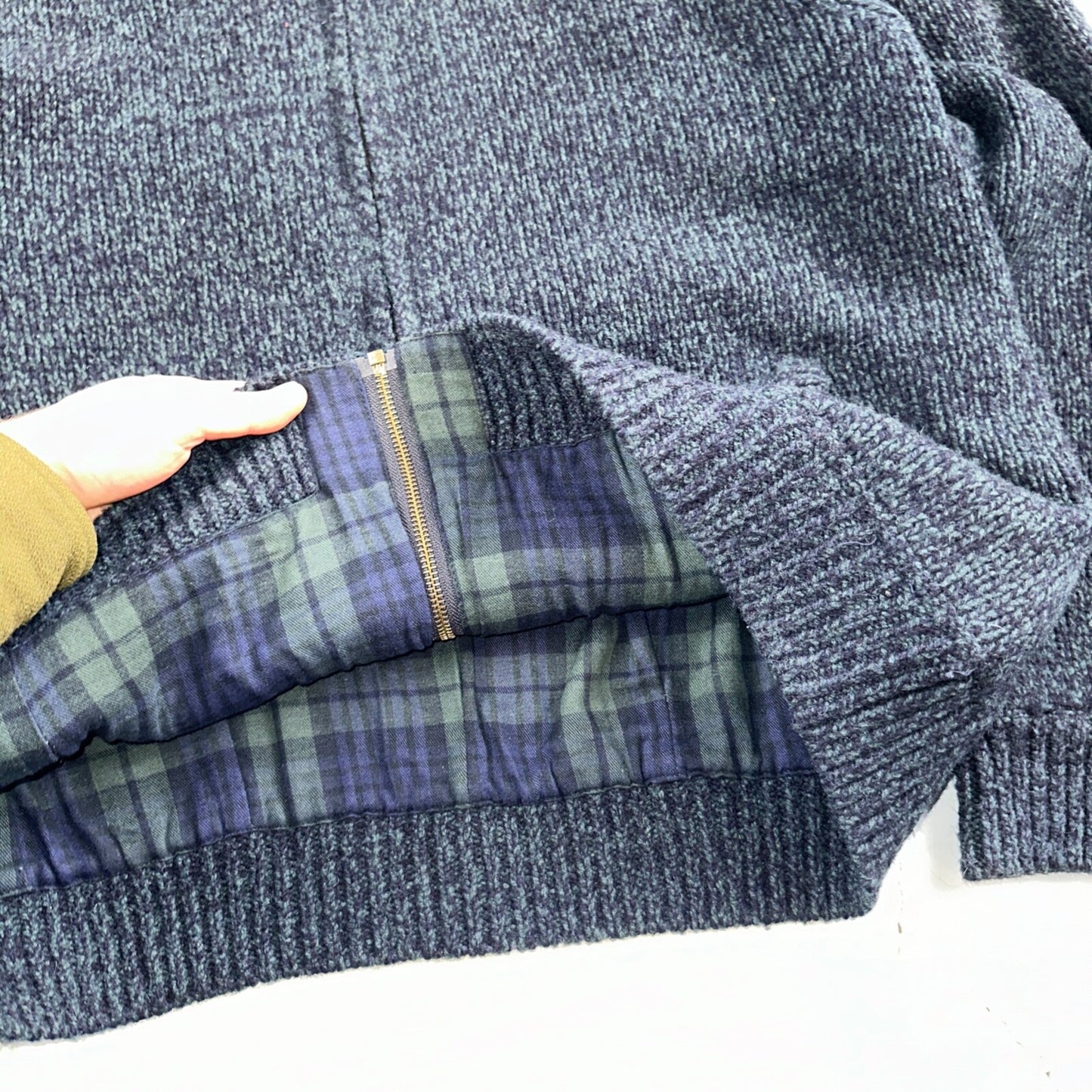 LL Bean Lambs Wool Blue Sweater Full Zip Flannel Plaid Lined Mens L Vintage