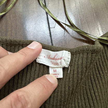 Ambiance Womens Medium Army Green Long Sleeve Crop Top V Neck Cute T Shirt