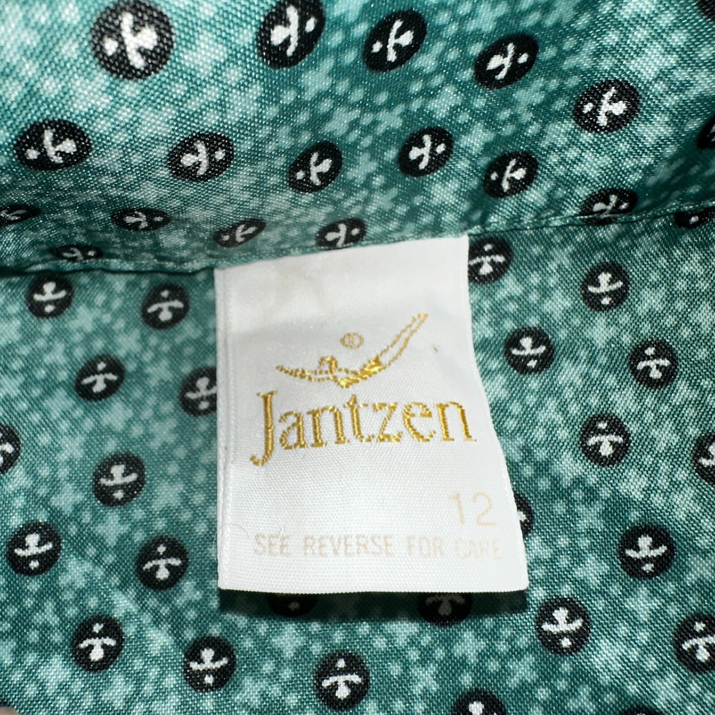 VTG 60s Jantzen Womens Top 12 Green Button Long Sleeve Shirt Flowers USA