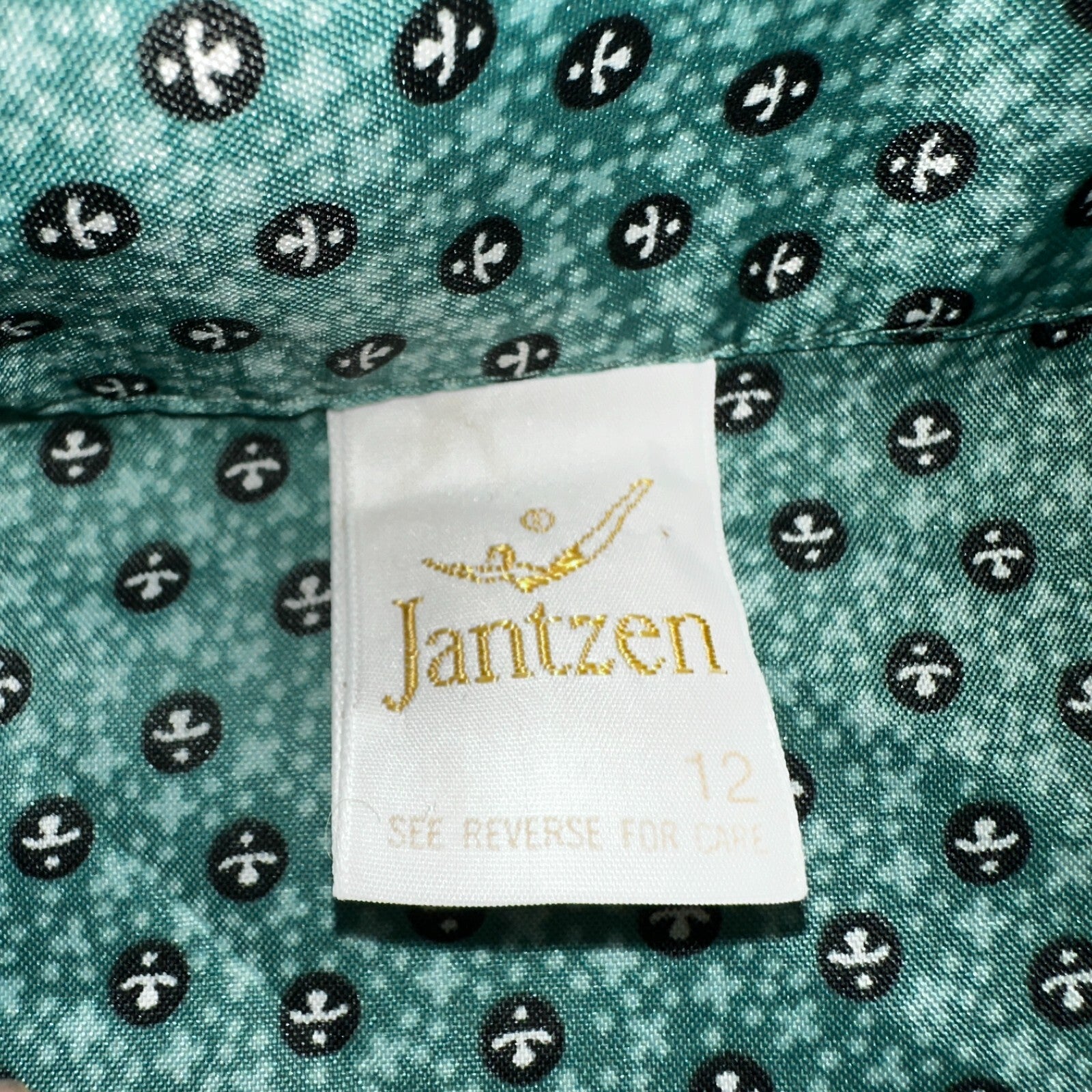 VTG 60s Jantzen Womens Top 12 Green Button Long Sleeve Shirt Flowers USA