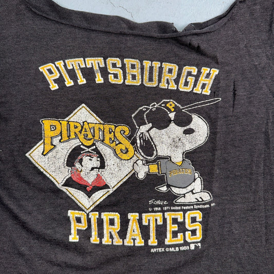 Pittsburgh Pirates Snoopy VTG T Shirt Chopped 80s Baseball Cool Black Graphic