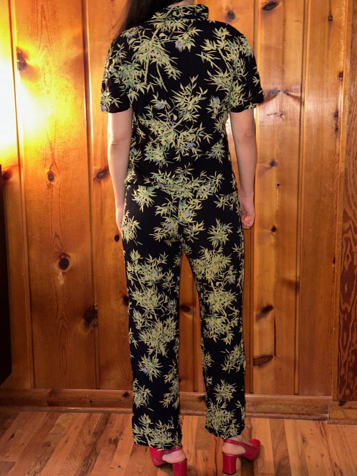 Clio VTG 2 Piece Set Blouse Shirt Pants Rayon Hawaiian Floral Boho Chic 1980s