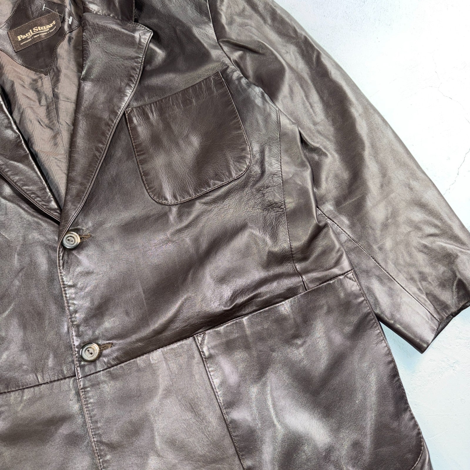 Paul Stuart Mens Vintage Brown Leather Jacket XL Chore Coat Pockets EUC Blazer