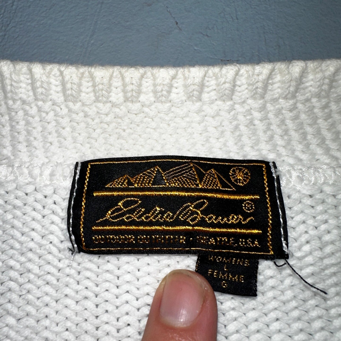 Vintage Eddie Bauer Sweater Cardigan Womens L Fair Isle Cotton White Basic