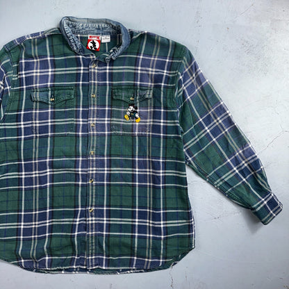 Vintage 90s Disney Mickey 2XL Blue Green Plaid Flannel Shirt Embroidered Pocket