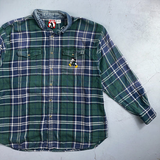Vintage 90s Disney Mickey 2XL Blue Green Plaid Flannel Shirt Embroidered Pocket