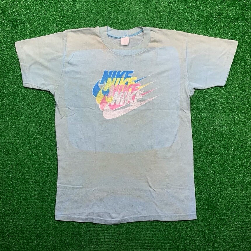 Nike Vintage T Shirt USA 70s 80s Quad Swoosh Block Print Running Oregon Geisha