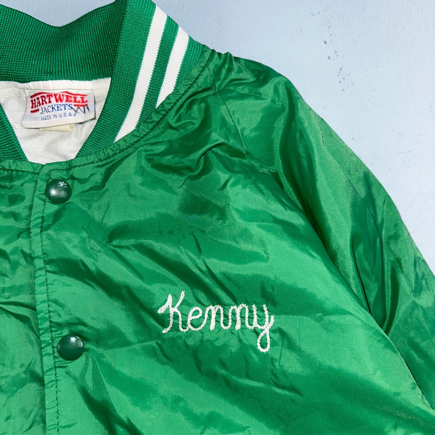 Vintage East Bay Classic Starter Satin Jacket Nylon 80s Green Chainstitch Cars