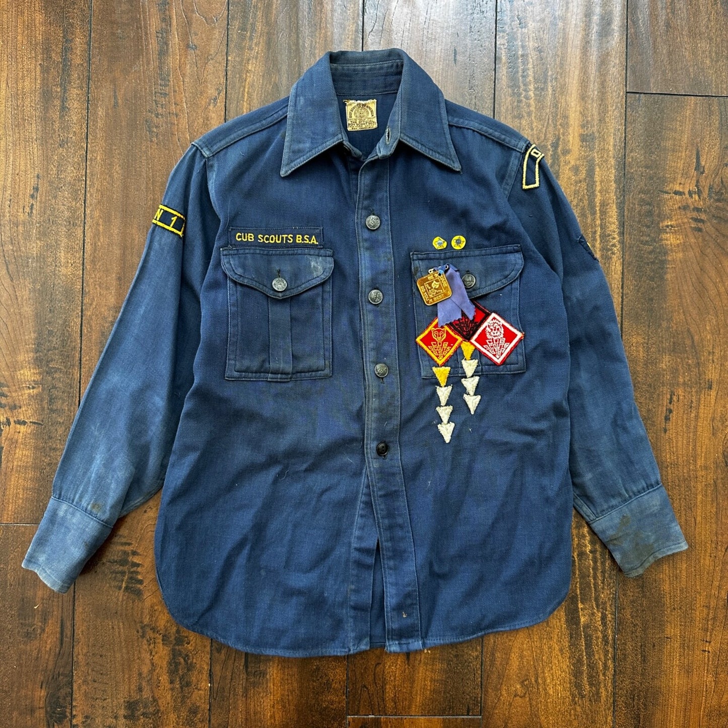 Vintage 60s BSA Boy Scouts Cub Shirt Blue Button Up Uniform Flawed Pins