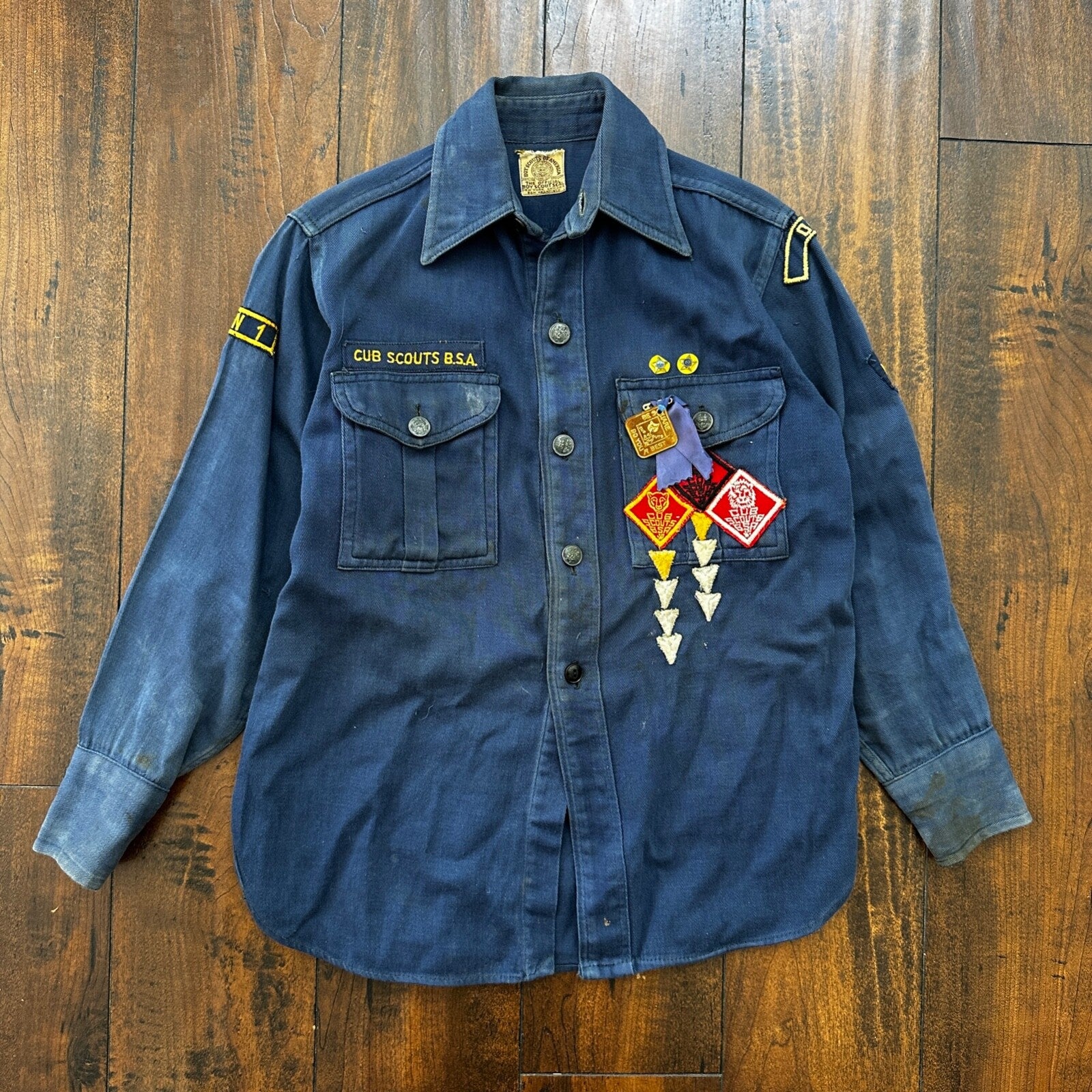 Vintage 60s BSA Boy Scouts Cub Shirt Blue Button Up Uniform Flawed Pins