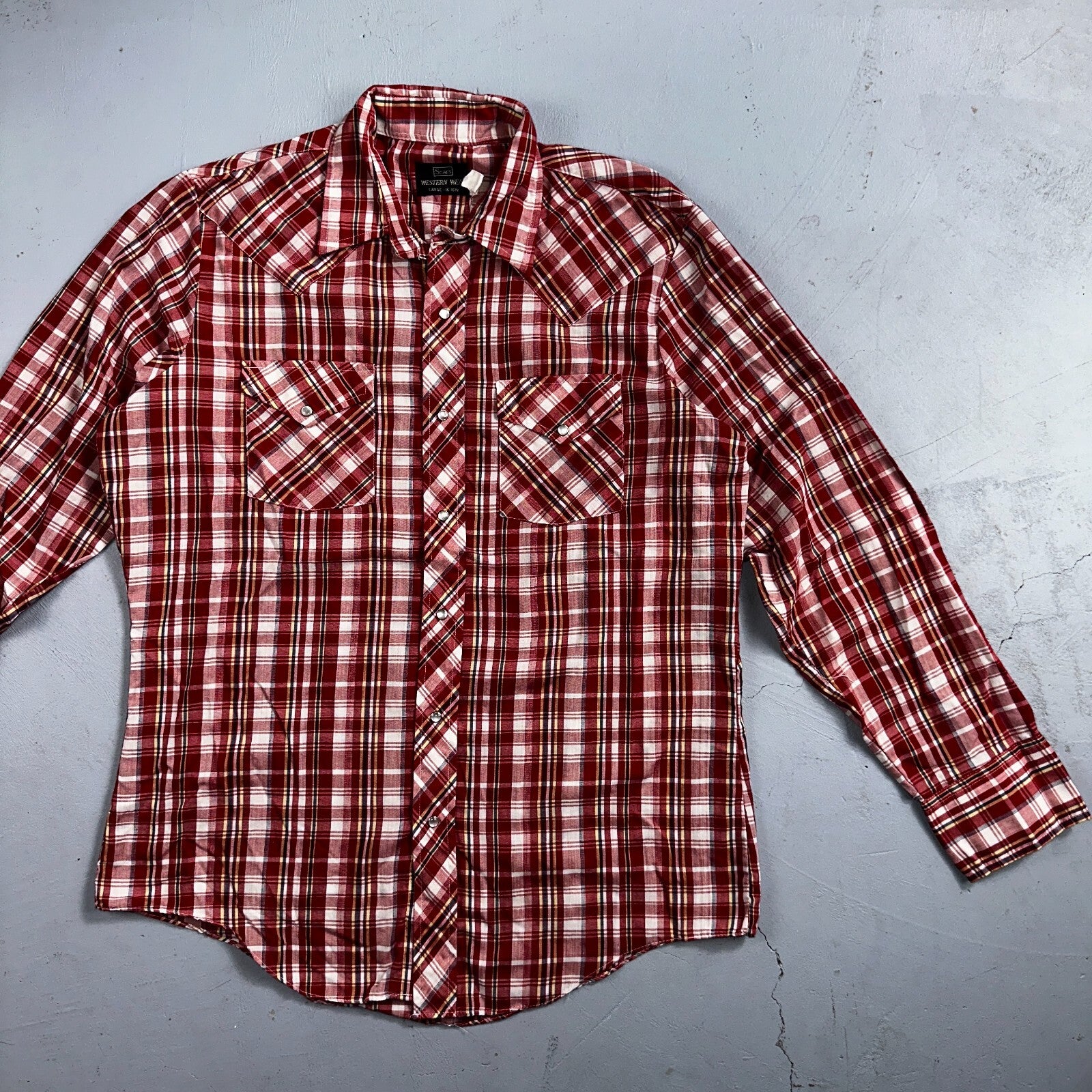 Sears VTG Western Wear L Plaid Ranch Rodeo Shirt Jacket Pearl Snap Red 16