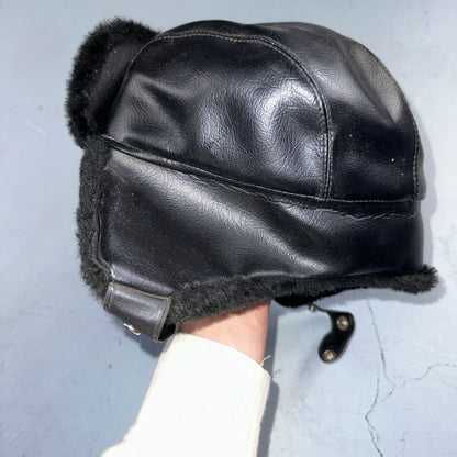 VTG Trooper Uszanka Hat Men’s Medium Black Ear Flaps Winter Unisex Aviator 80s