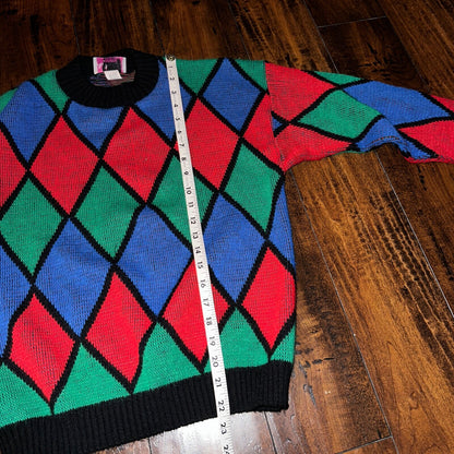 Vintage Adele Knitwear Sweater Abstract Diamond 80s Red USA 90s RARE Art