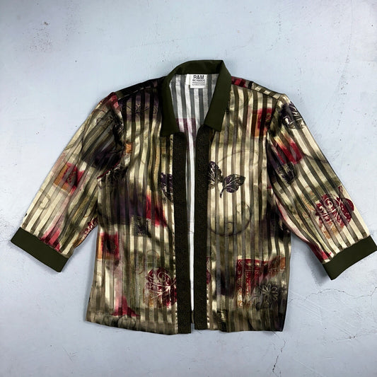 R&M Richards Karen Kwong Womens Blouse Gold Print Chain Shoulder Pads 14 USA VTG