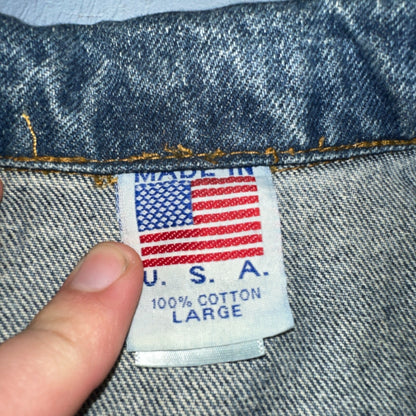 Crusin USA Cars Vintage 1980s Embossed Men's Denim Jacket Sz L Trucker Muscle